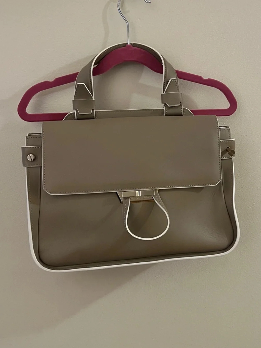 Neutral Gray Structured Satchel with Top Handle and Detachable Strap